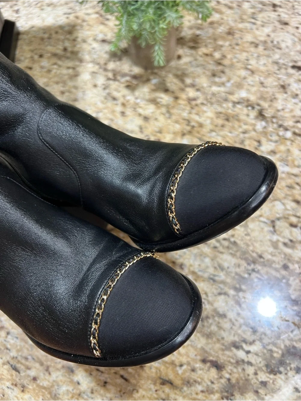 CHANEL Lambskin Grosgrain Cap Toe Gold Chain Short Boots Black 39